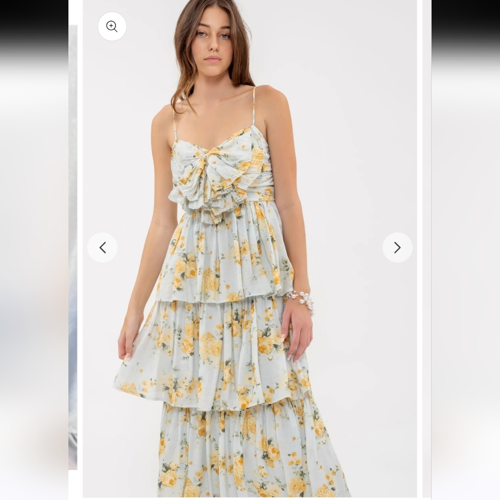 By The River Floral Tiered Midi Dress Small NWT Bow Front Ruffle Spring Garden